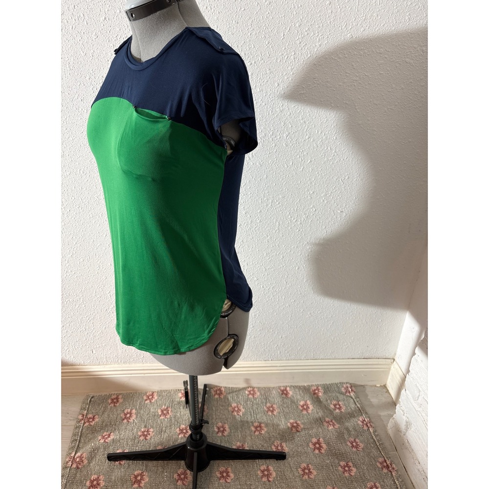 Worthington Top Women S Green Navy Excellent Colorblock Epaulet Stretch Tee